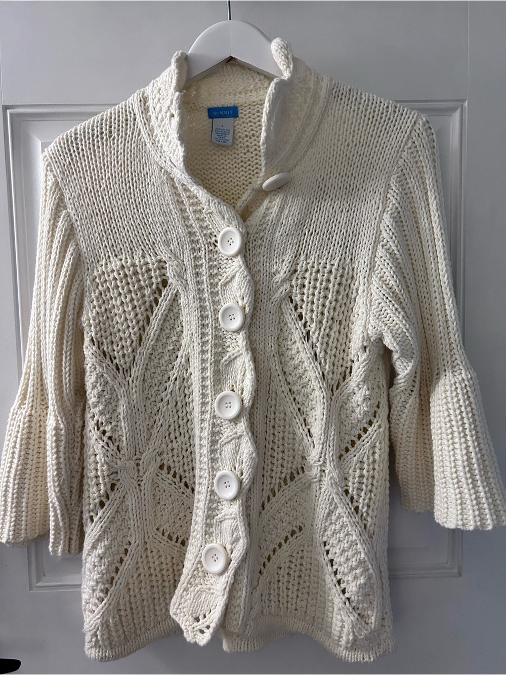 Openwork Cream Cable-Knit Button Cardigan Sweater